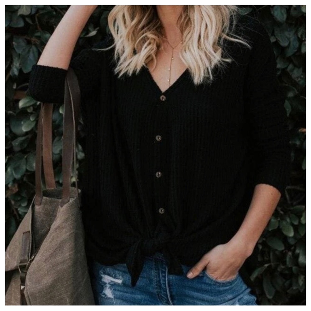 Black long sleeves button down tie front tunic top - Picture 3 of 4